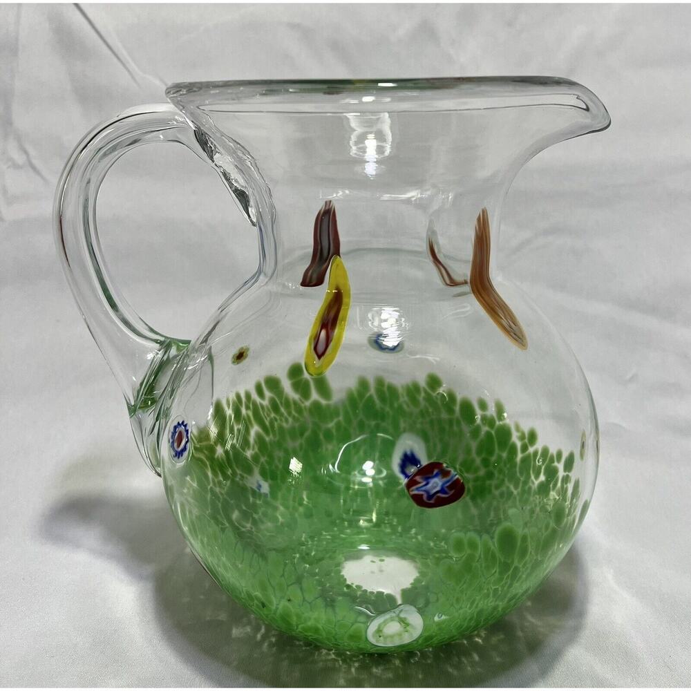 Vintage Murano Millefiori Hand Blown Art Glass Water Pitcher Green Clear 8" - Picture 3 of 8